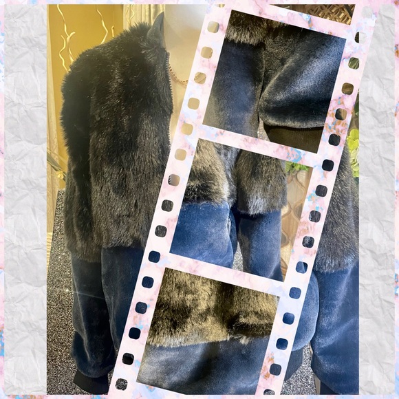 New John & Jenn Medium M Black Blue Faux Fur Bomber Jacket Womens Trendy Boxy - Picture 4 of 10